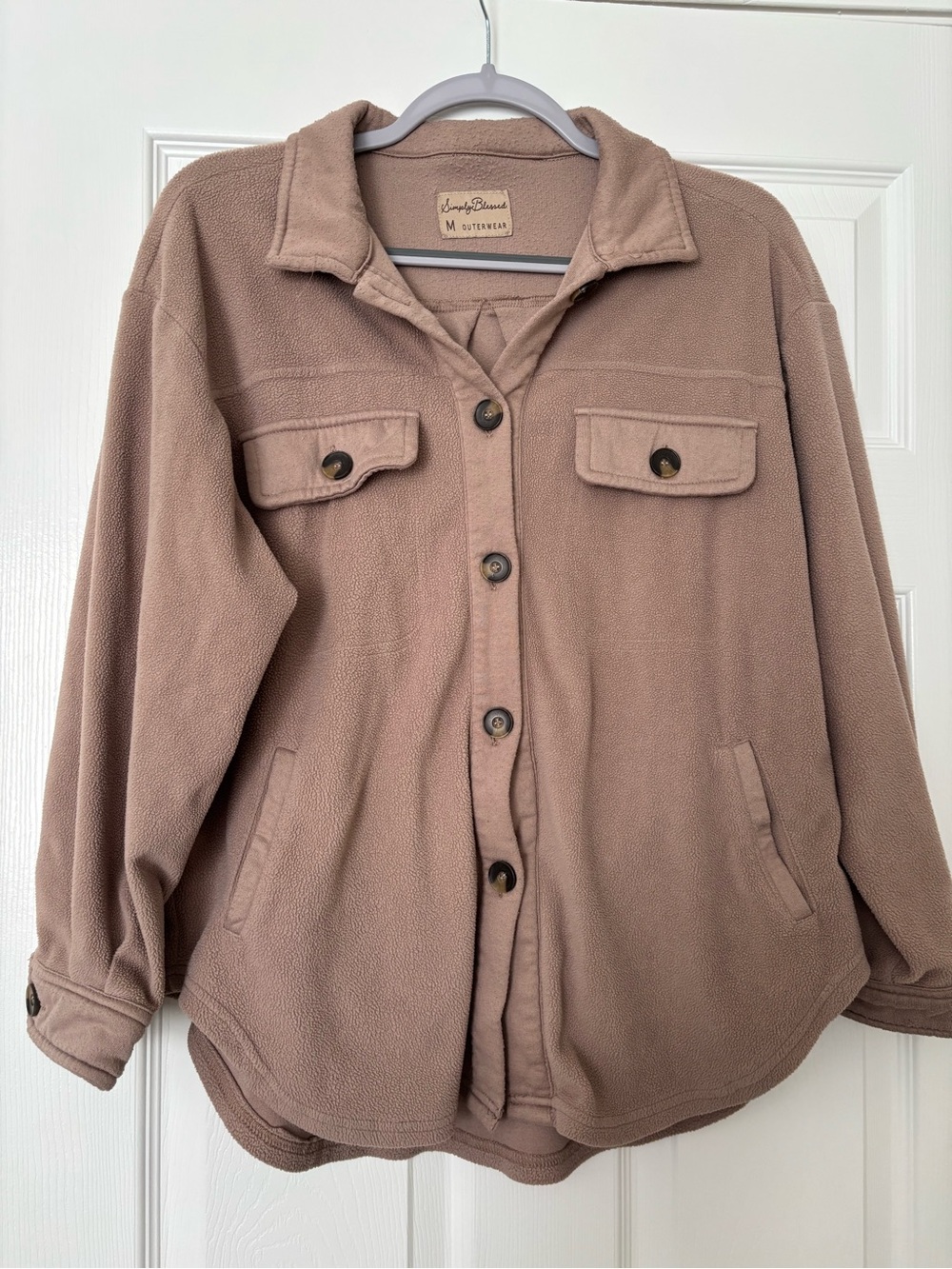 Taupe Button-Front Fleece Shirt Jacket